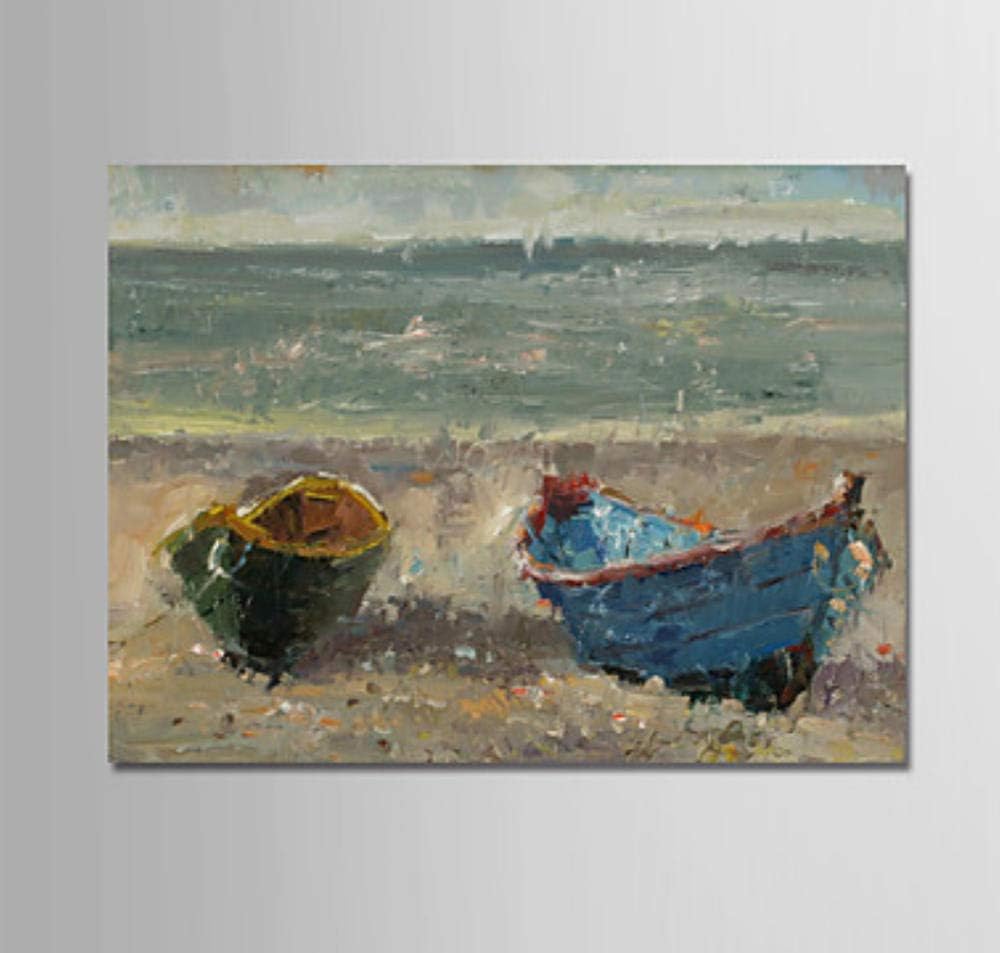 Oil Paintings On Canvas Hand Painted,Abstract Large Size Landscape Paintings,Green And Blue Boats On Sandbeach,Modern Wall Art Decor For Home Living Room Classroom Bedroom Office Hotel Cafe