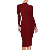 Women's Rayon Long Sleeves Bandage Dress Cross Strap Ribbed Club Party Midi Bodycon Dresses