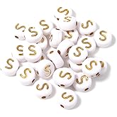 100PCS Letter Beads White Round Acrylic Alphabet Beads Gold Letter S Bead for Jewelry Making Bracelets Necklaces Key Chains DIY 4X7mm