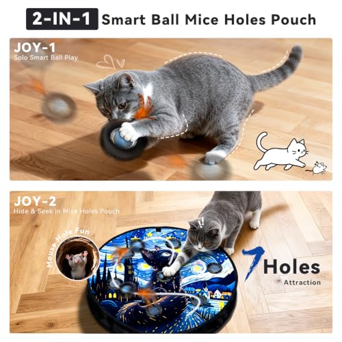 KiwiLove Interactive Cat Toy with Motion Activated Ball & 7-Hole Play Mat, Hide and Seek Exercise Game for Indoor Cats, Automatic Moving Cat Ball in Pouch, Rechargeable Cat Toys(Starry Night)