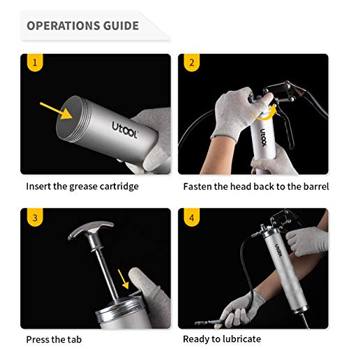 UTOOL Grease Gun Heavy Duty Pistol Grip Grease Gun Set with 7,000 PSI, 14 oz Load, 18 Inch Spring Flex Hose, 2 Working Coupler, 2 Extension Rigid Pipe and 1 Sharp Type Nozzle Included