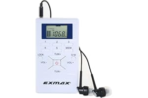 EXMAX E108 Wireless FM Radio Receiver Portable DSP Stereo Pocket Mini FM Radio Receiver Digital Samll FM Radio Earbuds LCD Clock for FM Translator Tour Guide System FM Transmitter Work - White