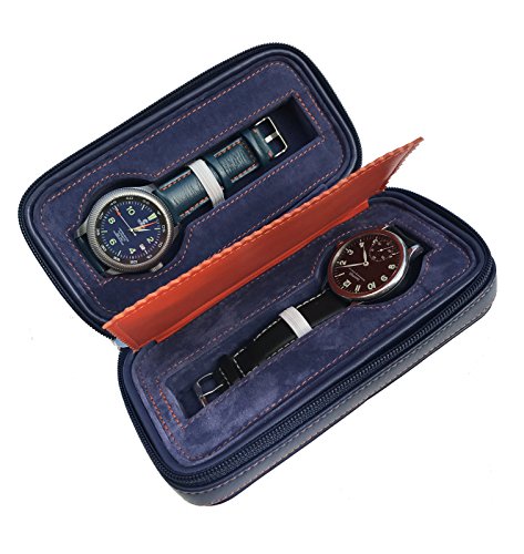 Riun Ex Blue Leather Watch Storage Box - Dual Watch Holder And Organizer - Great Travel Case Display For Your Luxury Watches.