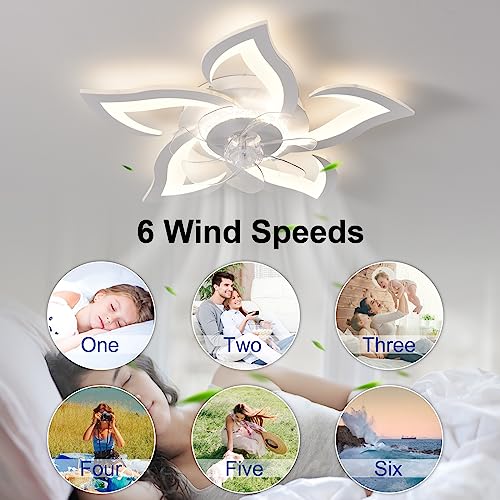 ZHMDJDSH 26" Geometric Ceiling Fan with Lights, 6 Speeds 3 Colors Ceiling Fan with Light Remote Control, White Low Profile Flush Mount Ceiling Fan for Kitchen Bedroom Living Room