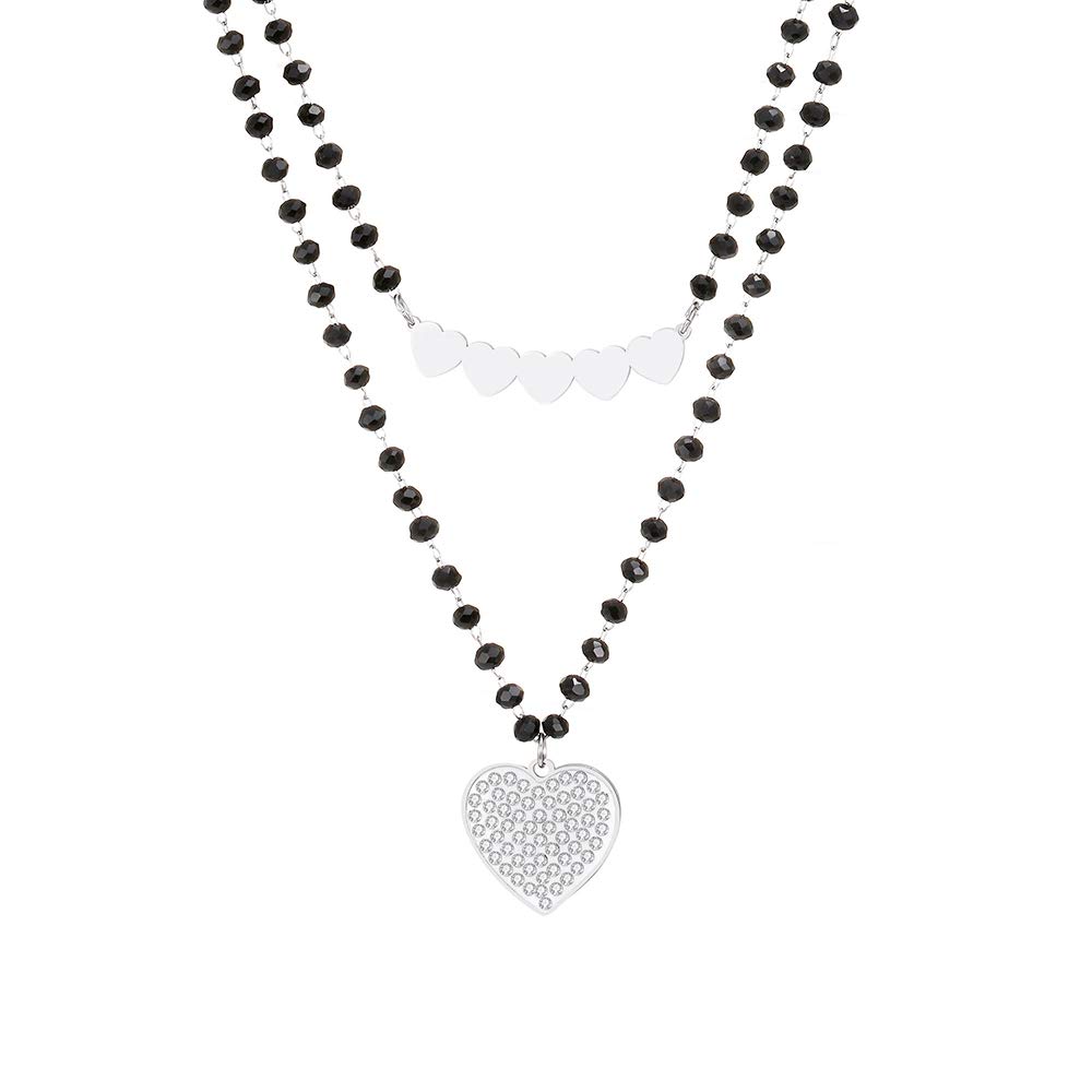 Stainless Steel Necklace for Women Love Pendant Bright Crystal Trendy Black Bead Chain Double Layer Necklace Fashion Jewelry Gift for Friends