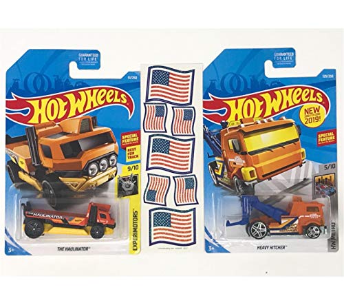 Cars HW Tow Truck & Flat Bed Rescue Vehicle Bundle Plus American Flag Stickers