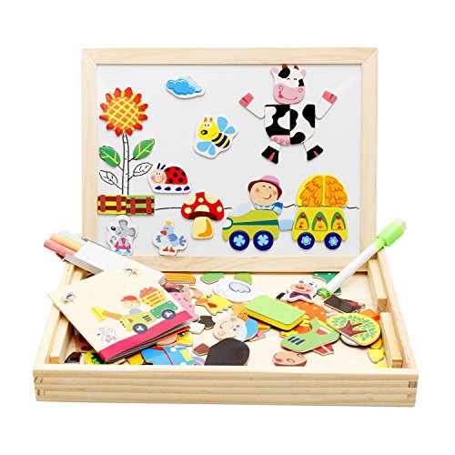 Lewo Wooden Kids Toys Magnetic Easel Dry Erase Board Puzzles Games