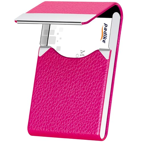 Padike PU Leather Business Card Holder for Women Professional Business Name Card Holder Stainless Steel Business Card Case with Magnetic Shut (Rose red)