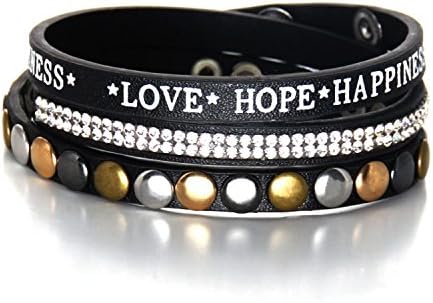 Liz collection Handmade jewelry rhinestone Newest Rhinestone l rivet love hope happiness Multilayer leather warp bracelet for women (Black)