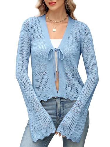 ZANZEA Womens Crochet Caidigan Tie Front Shrug Sweater Bell Sleeves Summer at Amazon