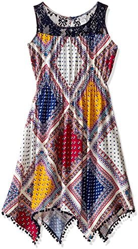 Emily West Big Girls' Sleeveless Printed Challis Hanky Fashion Dress Pom Hem Detail, Navy/Ivory/Multi, 16