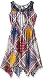Emily West Big Girls' Sleeveless Printed Challis Hanky Fashion Dress Pom Hem Detail, Navy/Ivory/Multi, 12