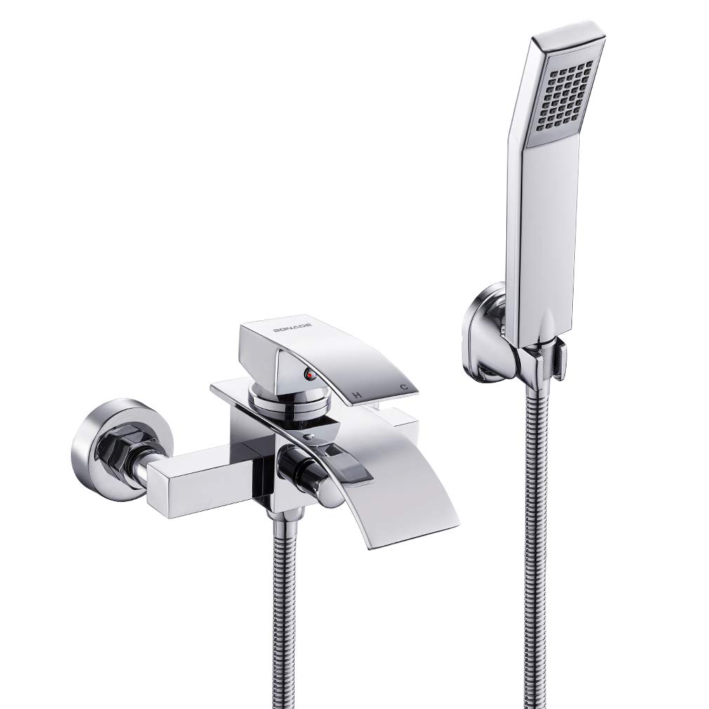 BONADE Bath Tap with Hand Shower, Bath Tap with Shower with Waterfall Spout, Mixer Tap Bath Fitting Including Wall Mount, Bathtub Mixer Tap Waterfall, Wall Mounted - Chrome