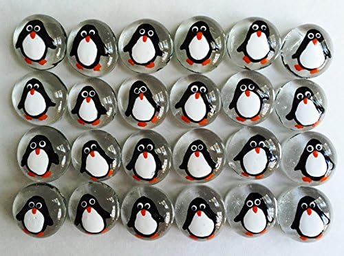 Penguins - Hand Painted Set of 24 Glass Gems; Party Favor, Decoration, Mosaic Tile, Crafts etc.!