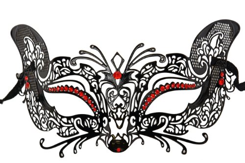 Laser Cut Venetian Halloween Masquerade Mask Costume Cat/Feline Inspire Designs - Black w/ Red Rhinestones