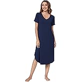 QUALFORT Womens Nightgowns Short Sleeve Nightgown V Neck Loungewear Side Slit Soft Nighdress