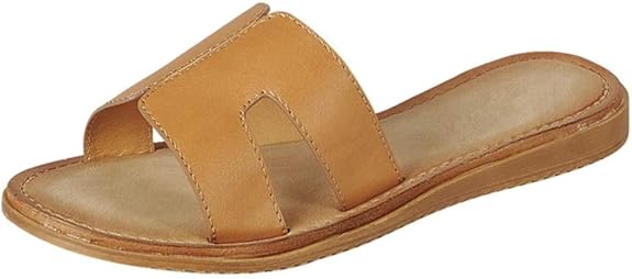 Amazon.com | Wells Collection Womens Slip On Slide Flat Sandal with Notch Cut-Outs, Tan 6.5 | Slides