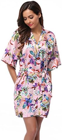 Feelia Women's Short Floral Robes Satin Kimono Robe Silk Bathrobe For Bridesmaid