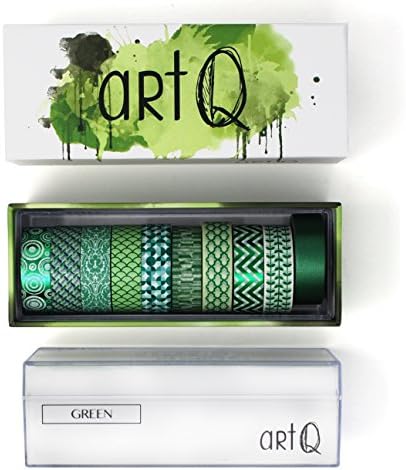 Washi Tape Set [10 Rolls] - 330 Feet Long - Acrylic Organizer and Dispenser Box - Decorative Washi Tapes - Colorful Craft Tape - Adhesive Decor Masking Tape with Gift Box by ArtQ - Green