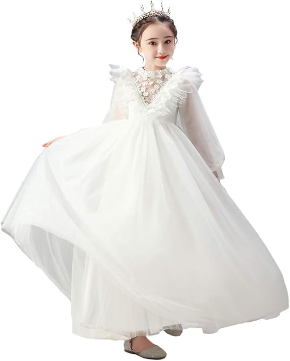 Amazon キッズ ロングドレス 子供 フォーマル ワンピース 長袖 女の子 ガールズ ジュニア 秋冬 かわいい お嬢様 プリンセスドレス 綿裏地 花飾り レース チュール 結婚式 ピアノ発表会 演奏会 七五三 パーティー 白 フォーマル 通販
