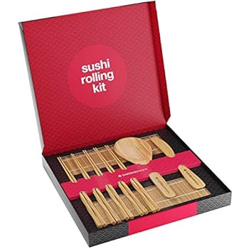 Sushi Making Kit Deluxe with Chopsticks - 100% Bamboo - Includes 2 Rolling Mats, Rice Spreader, Rice Paddle, 5 Pairs Chopsticks