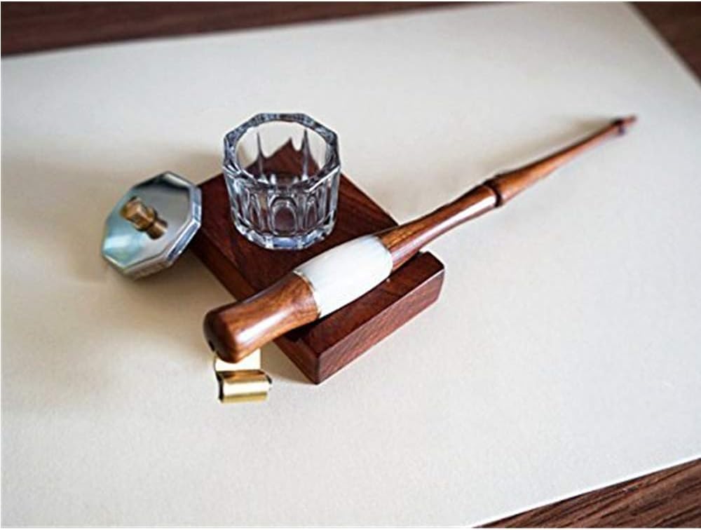 Cute Wooden Calligraphy Oblique Nib Pen Holder Set - Stand Base with 2Pcs Glass Clear Ink Bottle Container Gifts Desktop Decoration
