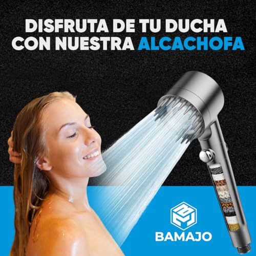 BAMAJO© Shower Head with 15 Stage Filter – Anti-Limescale Shower Filter with 1.5 M Hose – High Pressure Shower Head with 3 + 1 Water Saving Modes – 4 Anti-Limescale Shower Filters – Shower Head