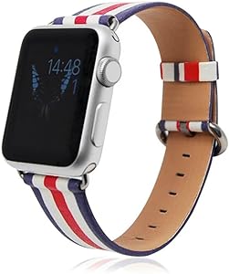 Compatible Apple Watch Bands,Genuine Leather Strap Wristband with Silver Adapters for Apple Watch/Sport/iWatch Replacement Band with Metal Clasp in Edition Colorful Girly Design 42mm[Red Stripe]