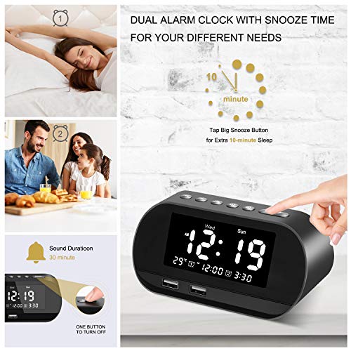 VEGKEY Digital Alarm Clock Radio, Small Alarm Clock with FM Radio, 6 Brightness, Dual USB Charging Ports, Temperature Display, Snooze, Dual Alarms with 6 Alarm Sounds for Bedrooms, Bedside, Desk