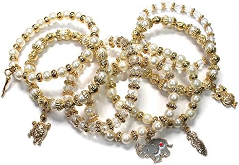 Aris Huge Stack Bohemian Faux Pearl & Crystal Beaded Stretch Charm Bracelets Bundle: Bangles & Bag (Lucky Charms Ivory)