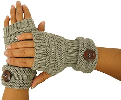 Caribbean Touch Fashion Women's Fingerless Knitted Winter Gloves with Button (Light Grey)