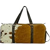 Real Cowhide Leather Duffel Bag Cow skin Hairon Leather Exotic Travel Sports Bag Large Size Gym Bag Overnight Bag Choose your Color (Brown & White)
