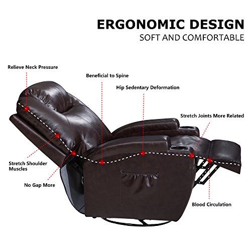 Windaze Manual Recliner Rocker Chair, 360 Degree Swivel Heated Recliner Bonded Leather Sofa Chair with Motors Massage,Brown