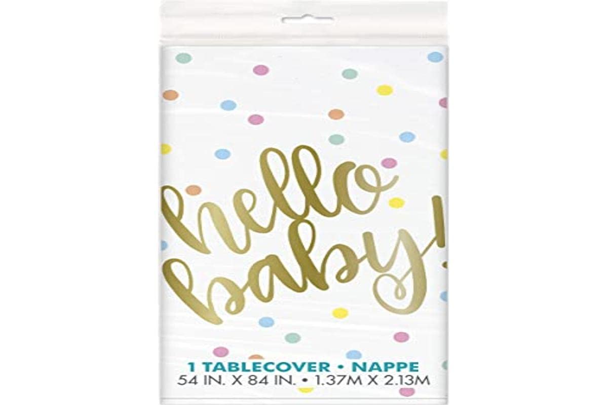 Stunning Hello Baby Gold Baby Shower Table Cover (137cm x 213cm ) - Rectangular Plastic Cover - Perfect Party Essential for Celebration - 1 Pc