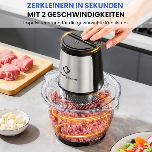 LINKChef Electric Chopper 1.5 L Glass Container, 2 Levels, 3 Stainless Steel Blades - Universal Chopper for Meat, Vegetables, Nuts & Baby Food