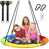 Trekassy 7000lb 40 Inch Saucer Tree Swing for Kids Adults 900D Oxford Waterproof with Swivel, 2pcs 10ft Tree Hanging Straps, Steel Frame and Adjustable Ropes--Rainbow