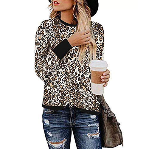 TOOPOOT Women Tops  Fashion Leopard Print Shirts Round Neck Long Sleeve Patchwork Sweatshirt Brown