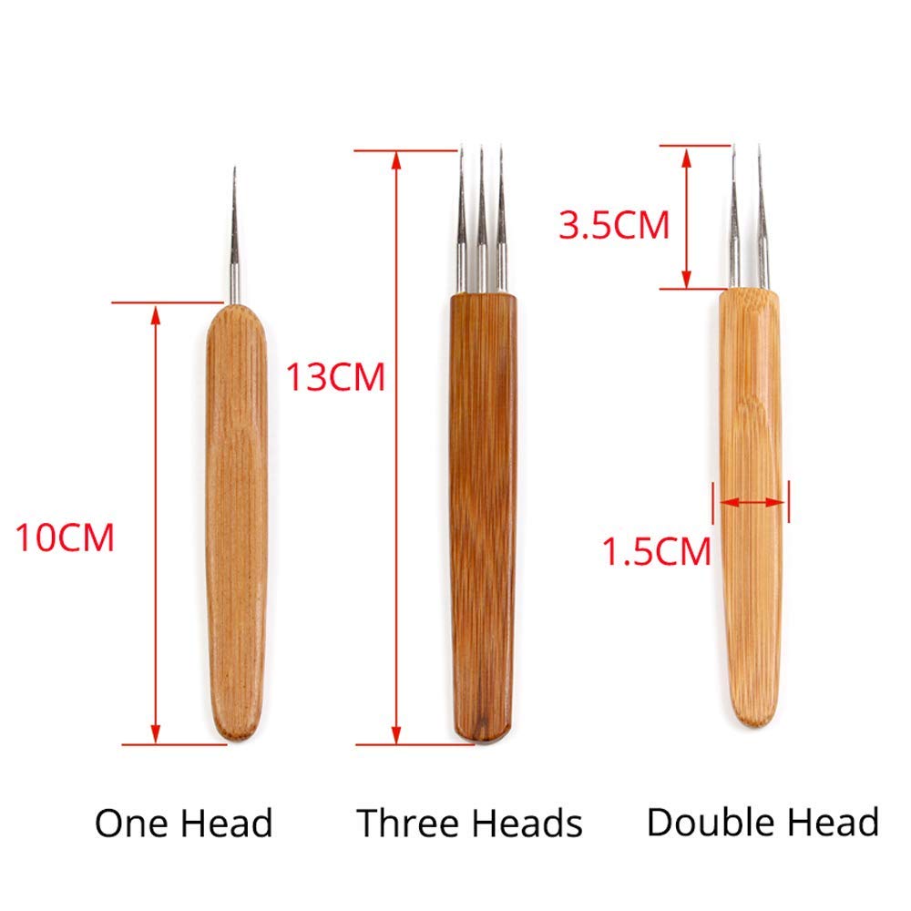 BLUPLE 3Pcs/Set(1Hook,2Hook,3Hook) Bamboo Dreadlock Crochet Hook Dreadlocks Crochet Needle with Wooden Handle Soft Touch Steel 0.75mm Crochet Hook for Braid Craft