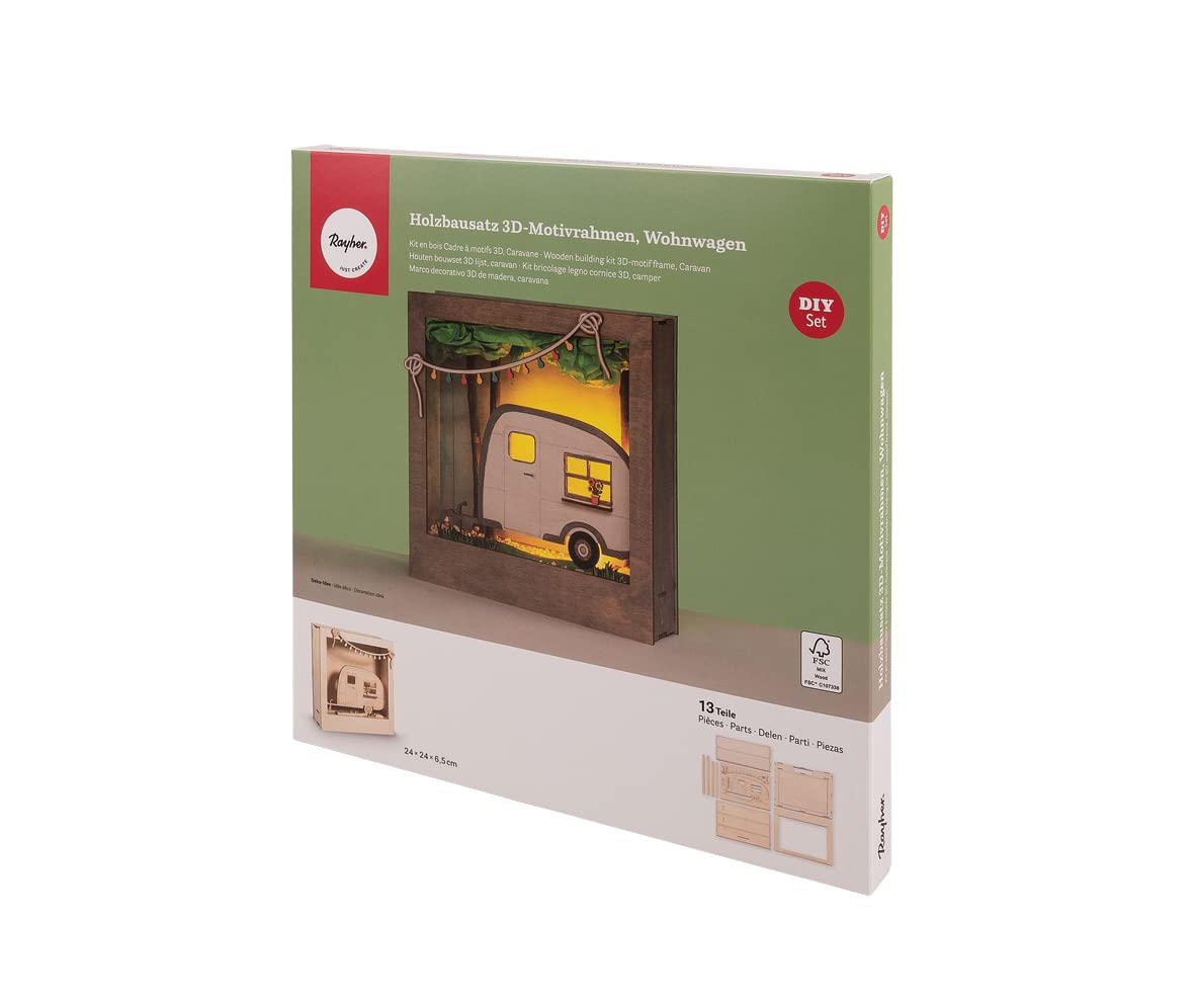 Rayher Wooden Caravan Shadow Box Building Kit, DIY Wood Craft Set with 13 slot-together Pieces, natural wood, 24x24x6.5cm, 64513505