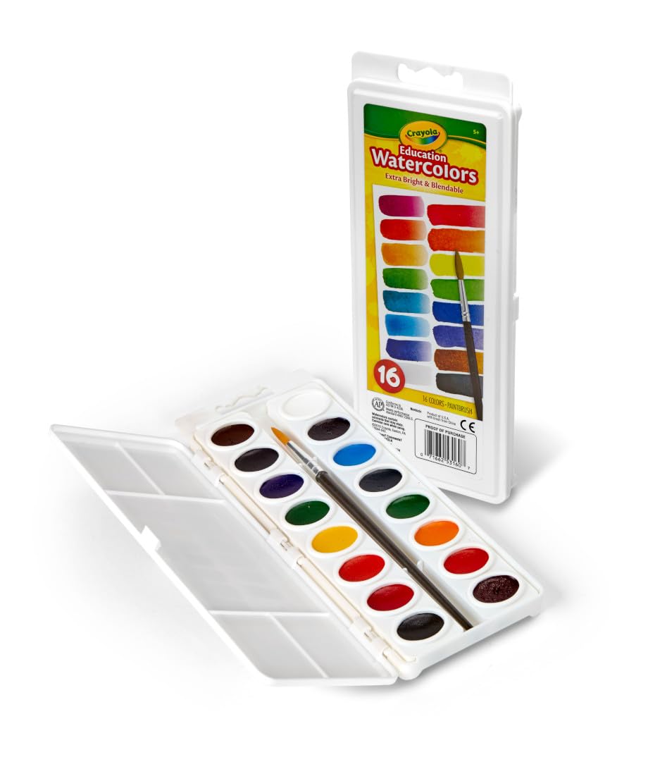 Crayola Watercolor Paint Set (16 Count), Washable Paint for Kids, 1 Paint Brush, Arts & Crafts Supplies, Assorted Colors, Ages 4+