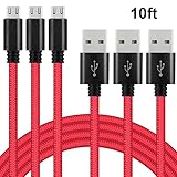 Bestfy Micro USB Cable [3Pack 10ft] Extra Long USB 2.0 Charger for Android, PS4, Samsung Galaxy, HTC, Nokia, Huawei, Sony and Other Tablet Smartphone (RED)