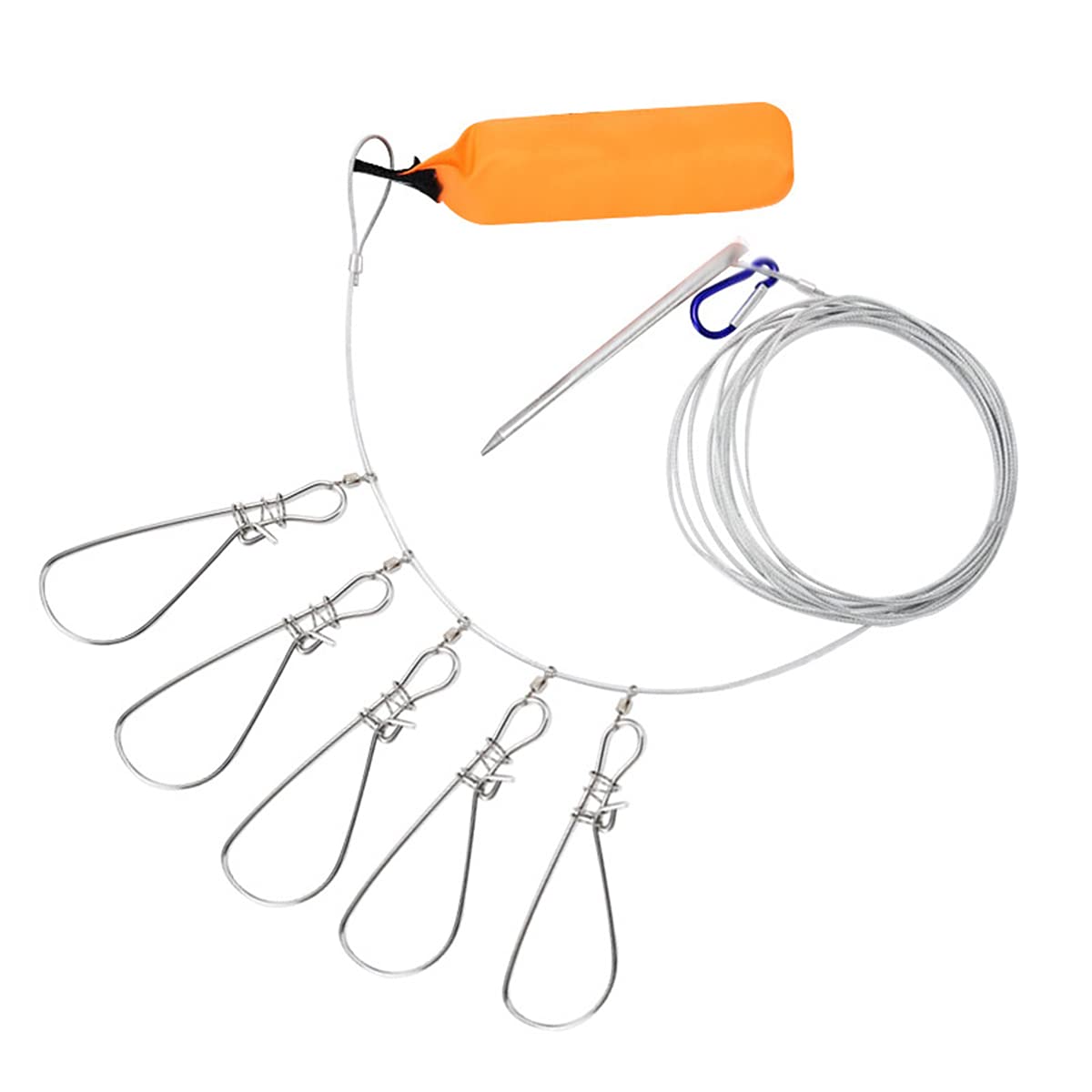 Photo 1 of Joyeee Fish Stringer Clip, Steel Fish Stringer Heavy Duty with 5 Stainless Steel Snaps, Float and Carabiner, Live Fish Lock Fish Holder, 11 FT 200lb Fishing Stringer Trout Fishing Accessory, Silver