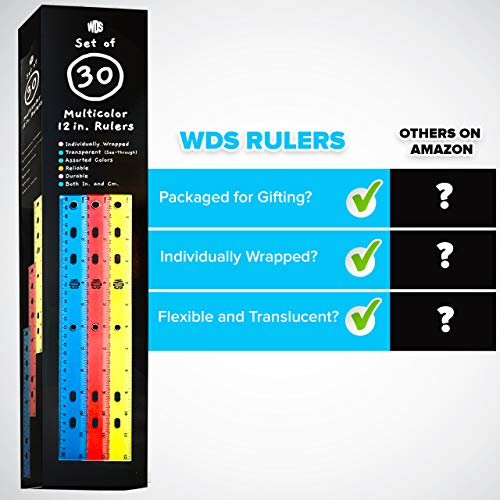Ruler 12 Inch (30-Pack) - Bulk Rulers for Kids in Colorful Box - Individually Wrapped - Translucent Flexible Plastic - For School Teachers Students Class - Keep in 3 Ring Binder - Inches/Centimeters