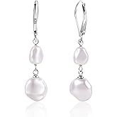 14K Gold Pearl Dangle Earrings for Women,925 Sterling Silver Double Pearl Drop Earrings,Irregular Pearl Hypoallergenic Earrings