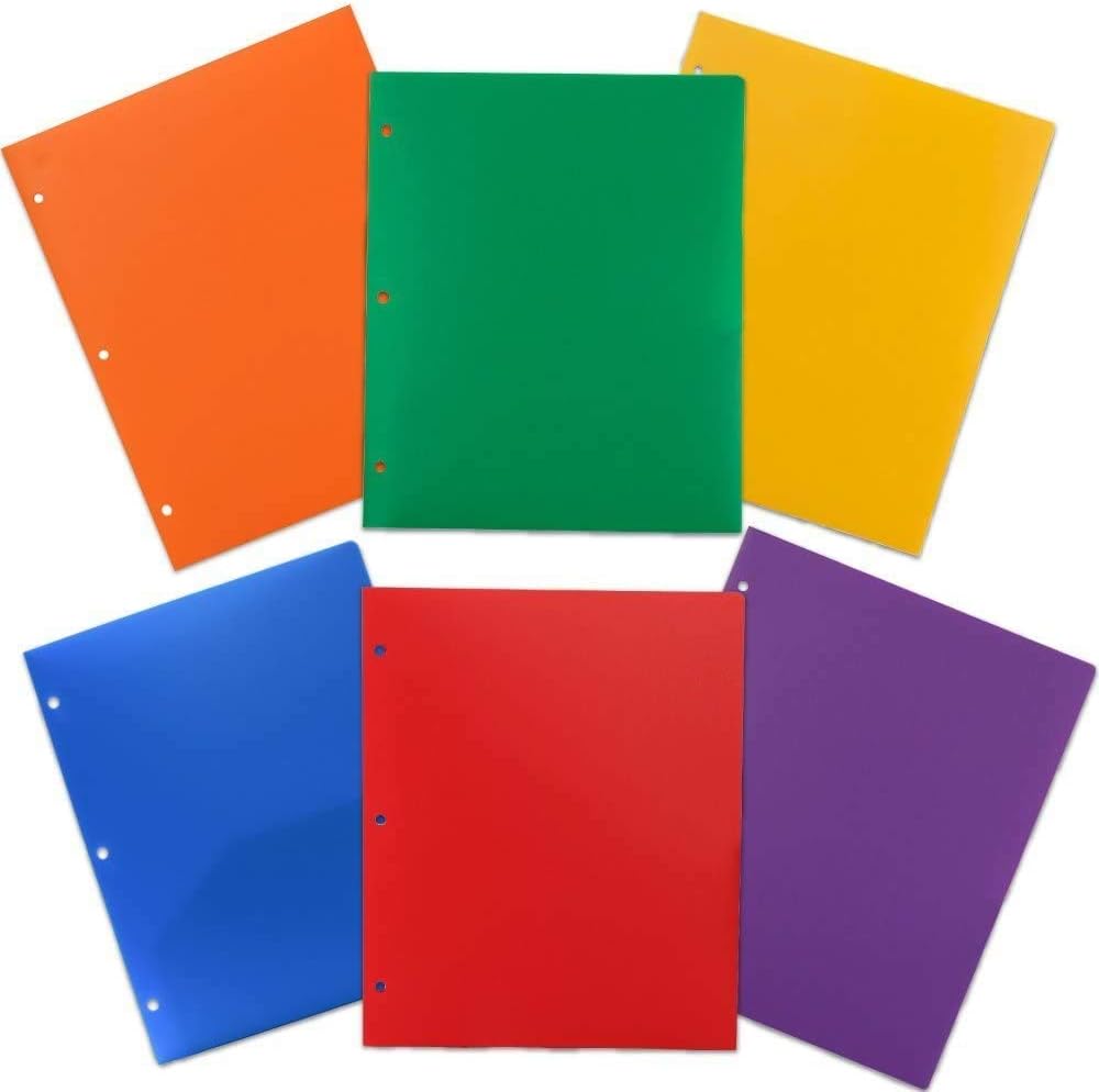 JAM PAPER Heavy Duty Plastic 3 Hole Punch School Folders with Pockets - Assorted Primary Colors - 6/Pack : Office Products