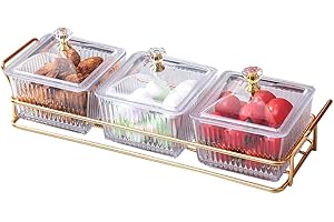 YMYL Set of 3 Serving Bowls with Lids and A Gold Metal Rack, Divided Serving Dishes Removable Snack Bowls for Appetizers, Chi