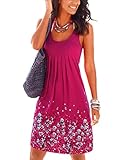 Finego Women Casual Beach Sleeveless Floral Pleated Tank Dress
