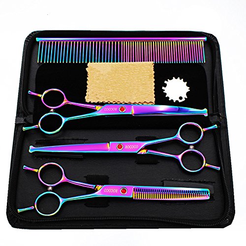 ROCOCO Professional Dog Grooming Scissors Set - Stainless Steel Rounded Tip Sharp Durable Shears Pet Grooming Comb in Kit - Best Tools Trimming Every Sensitive Dog Cat (Multicolour)