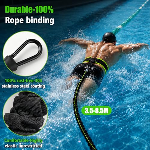 PeakQust Swimming Belt for Pool, Swimming Trainer with 3.5-8.5 m Adjustable Swimming Rope, Swimming Trainer Belt for Any Swimming Pool