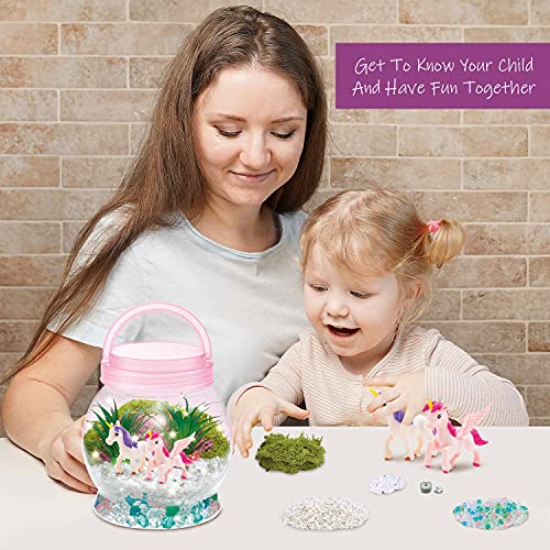 Unicorn Terrarium Kit + 2 Unicorn Toys for Girls, Grow a Fairy Garden Kit for Kids w/LED